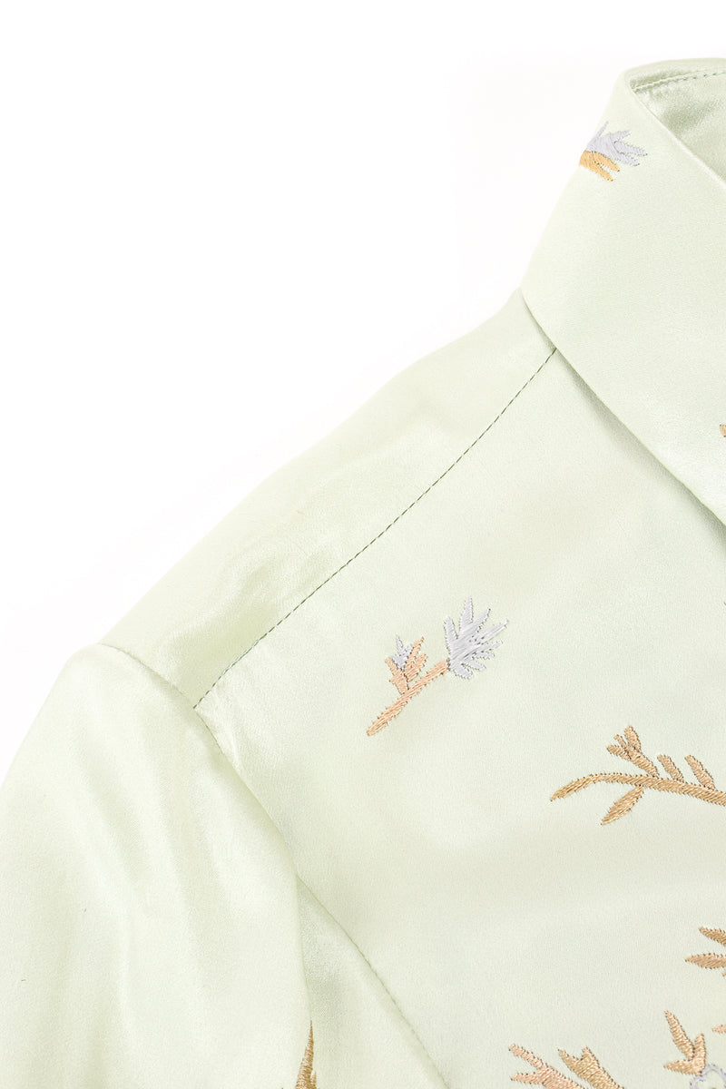 Vintage Oscar de la Renta Mint Floral Embroidered Silk Shirt shoulder wear at Recess LA