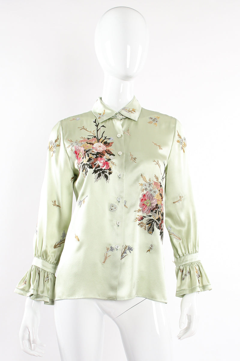Vintage Oscar de la Renta Mint Floral Embroidered Silk Shirt on Mannequin front at Recess LA