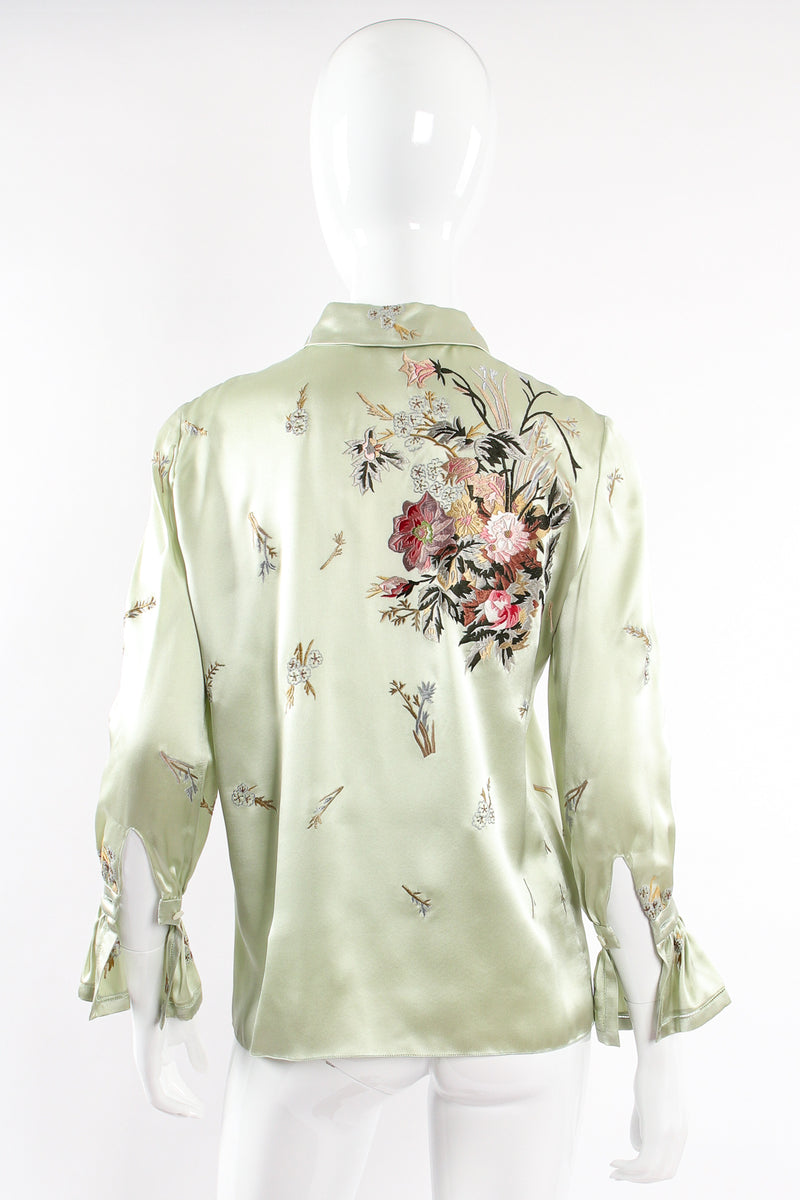 Vintage Oscar de la Renta Mint Floral Embroidered Silk Shirt on Mannequin back at Recess LA