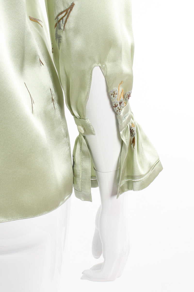 Vintage Oscar de la Renta Mint Floral Embroidered Silk Shirt sleeve cuff at Recess LA