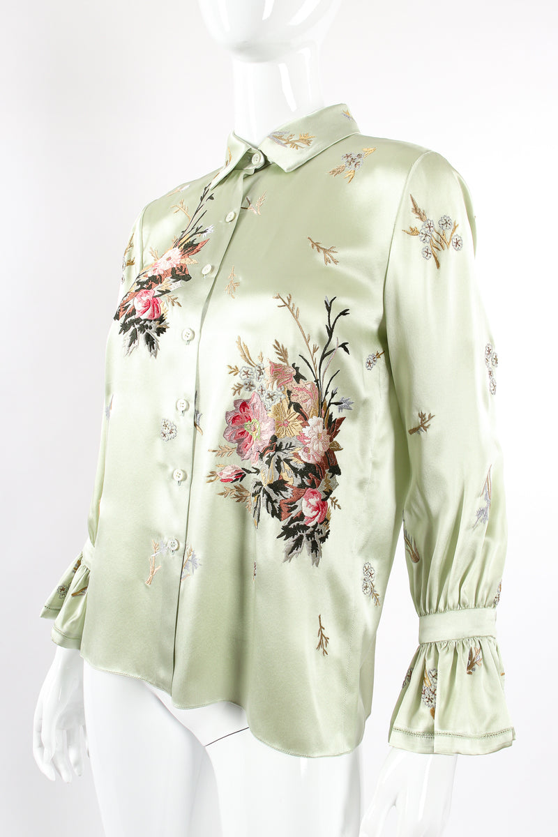 Vintage Oscar de la Renta Mint Floral Embroidered Silk Shirt on Mannequin angle at Recess LA