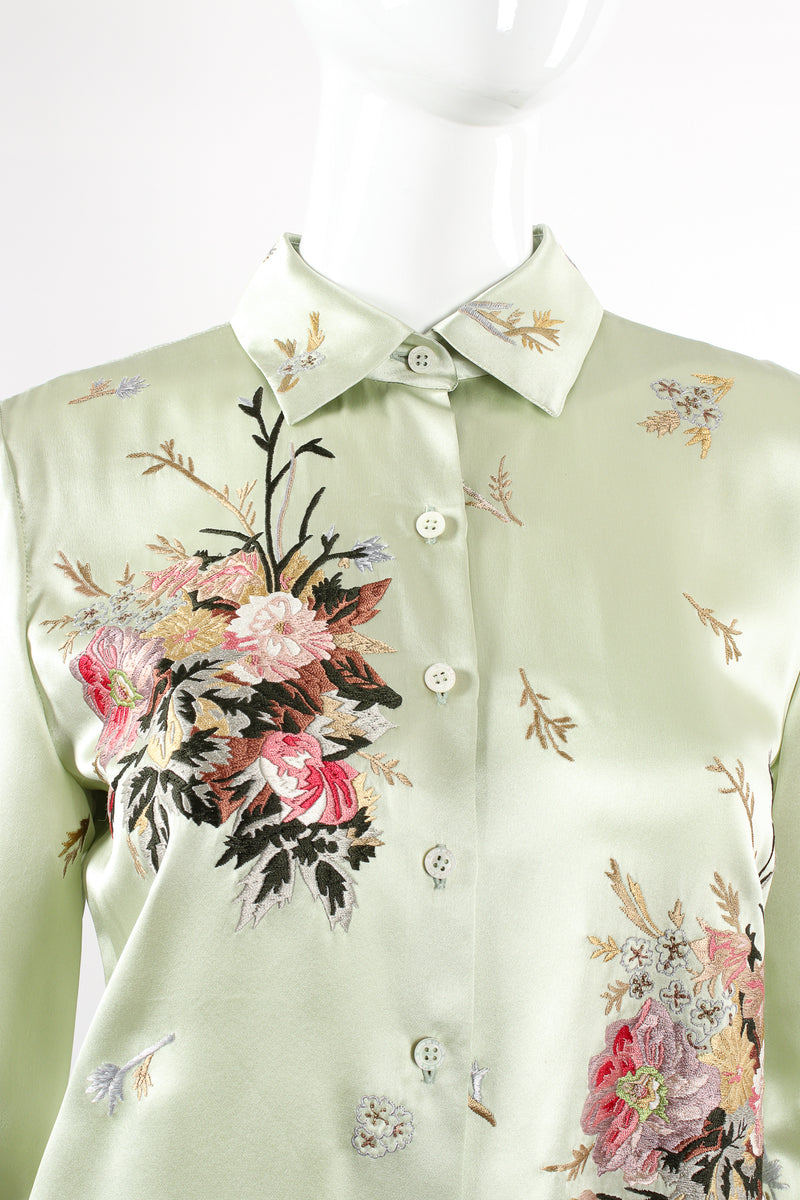 Vintage Oscar de la Renta Mint Floral Embroidered Silk Shirt on Mannequin collar at Recess LA