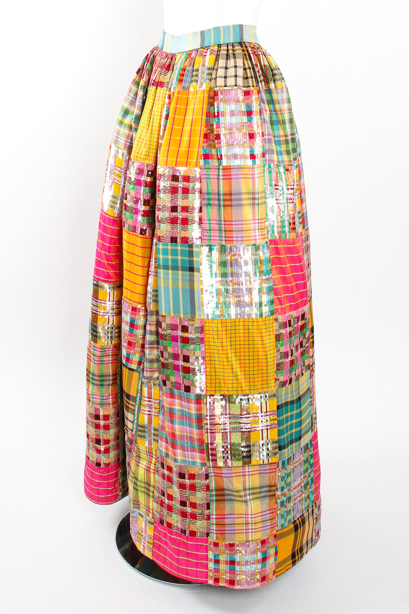 Vintage Oscar de la Renta Sequin Silk Patchwork Ball Skirt on Mannequin angle at Recess LA