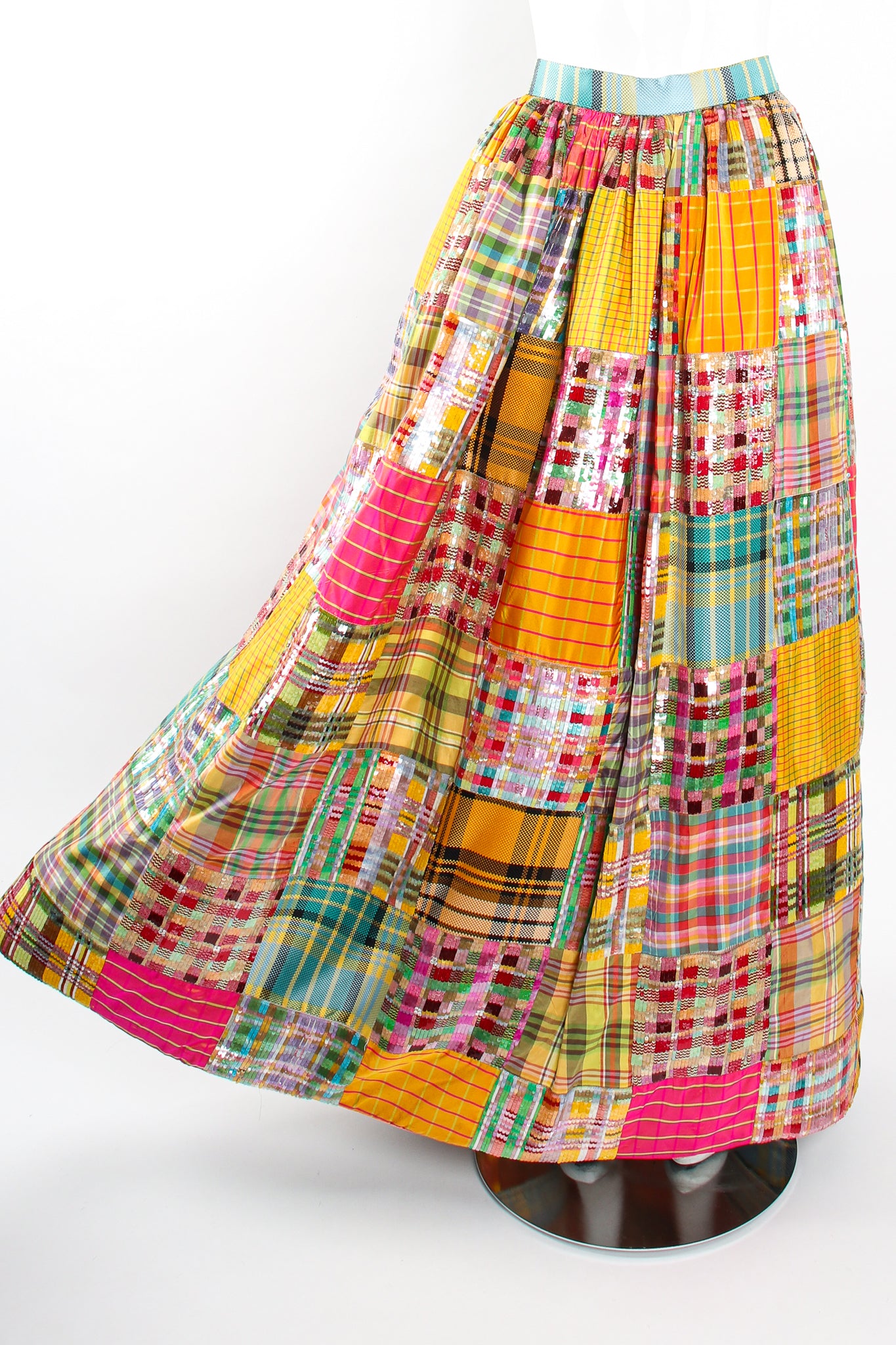 Vintage Oscar de la Renta Sequin Silk Patchwork Ball Skirt on Mannequin front at Recess LA