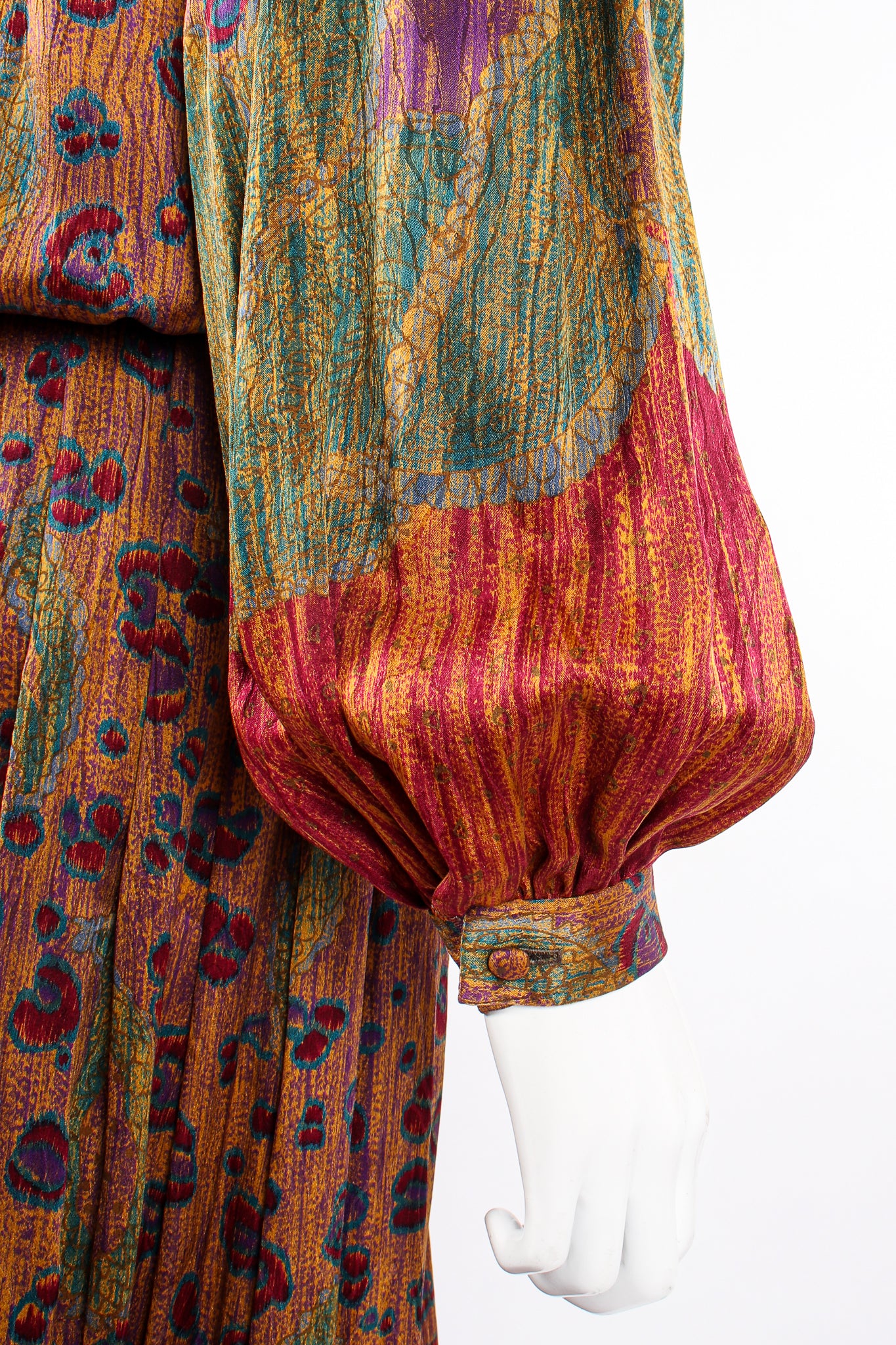 Vintage Oscar de la Renta Floral Embroidered Blouse & Skirt Set on Mannequin sleeve at Recess LA