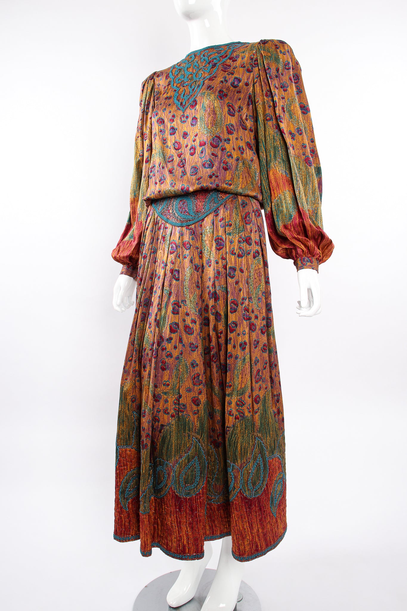 Vintage Oscar de la Renta Floral Embroidered Blouse & Skirt Set on Mannequin angle at Recess LA
