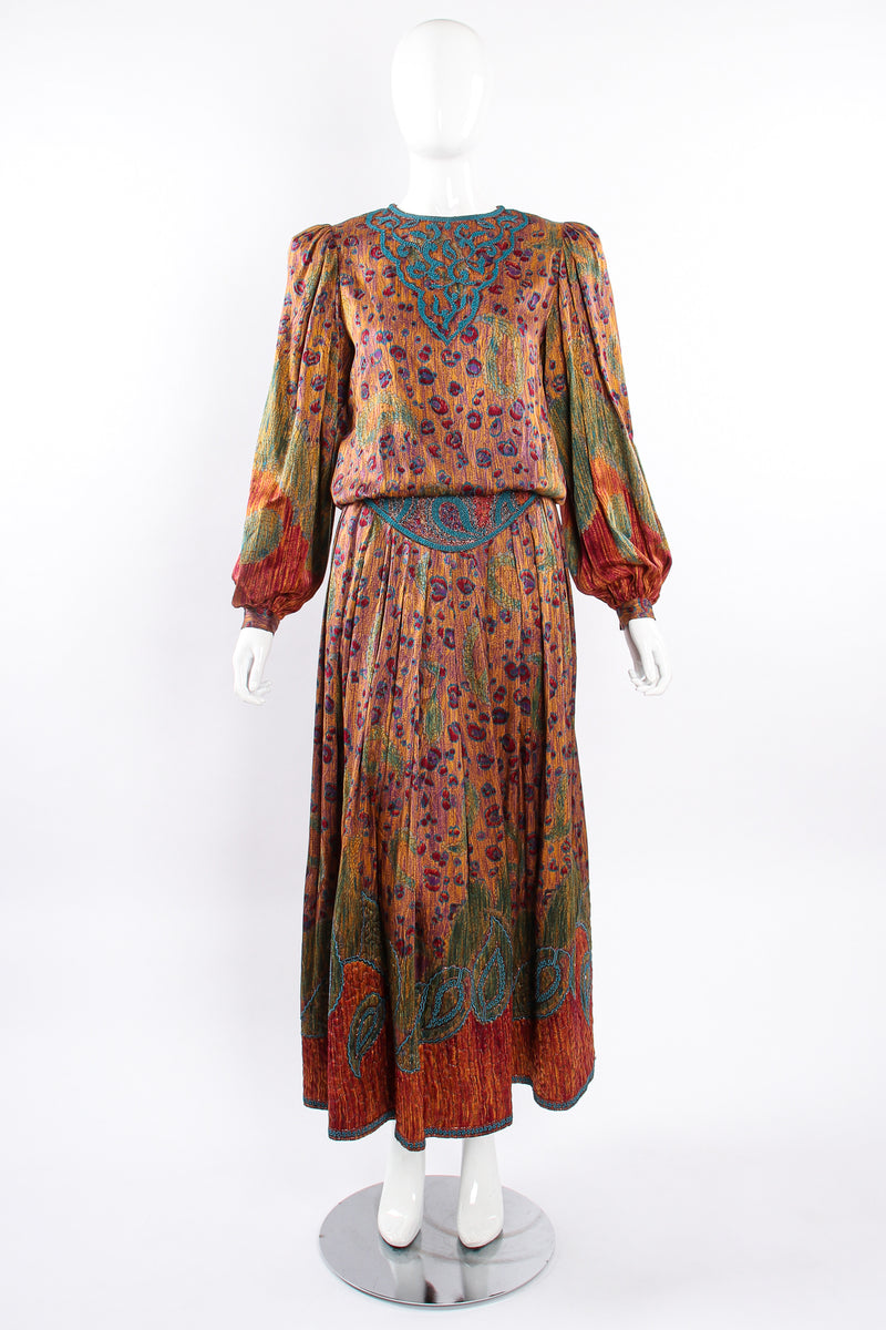 Vintage Oscar de la Renta Floral Embroidered Blouse & Skirt Set on Mannequin front at Recess LA