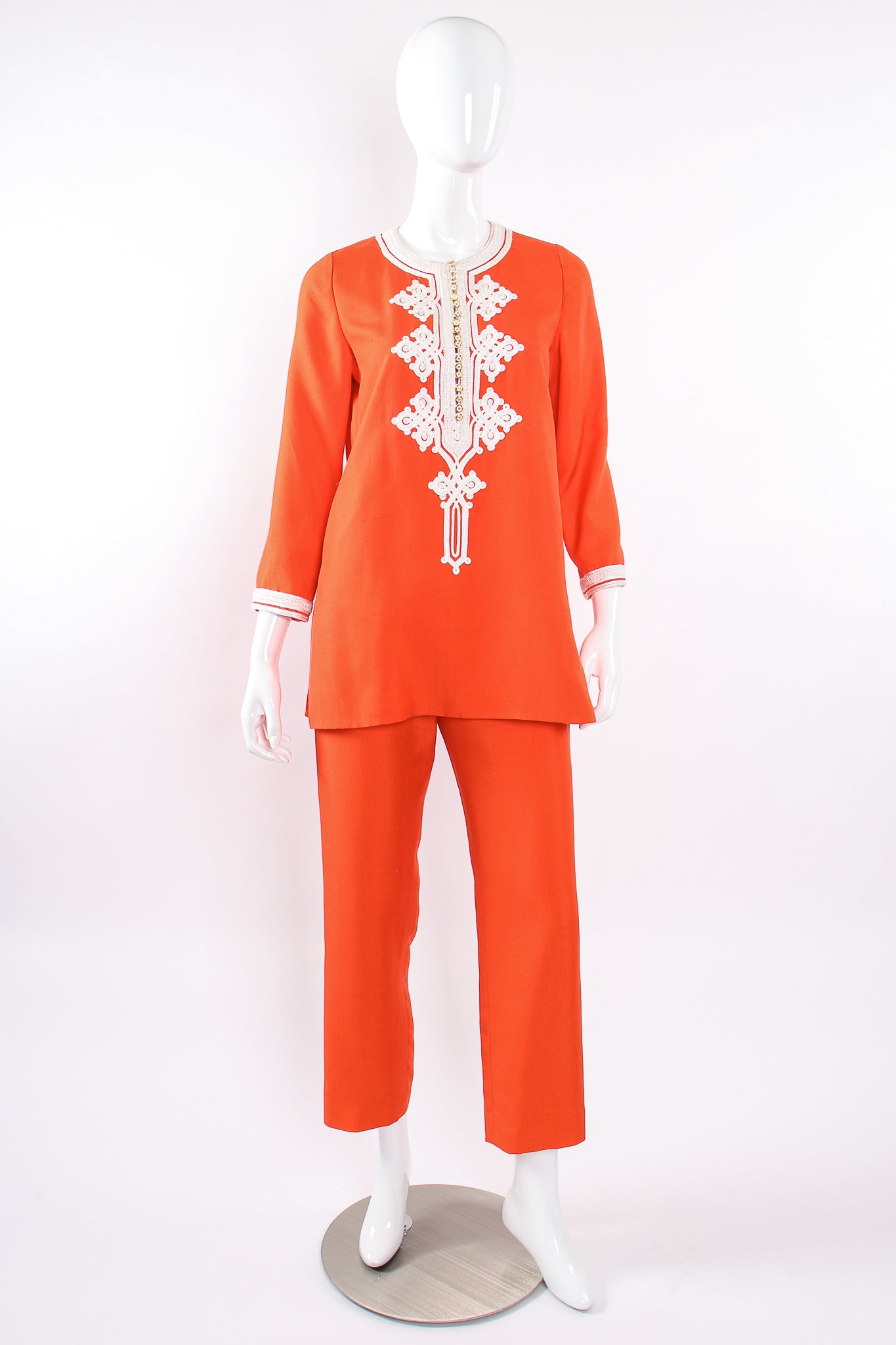 Vintage Oscar de la Renta Silk Appliqué Tunic & Pant Set on Mannequin front at Recess LA