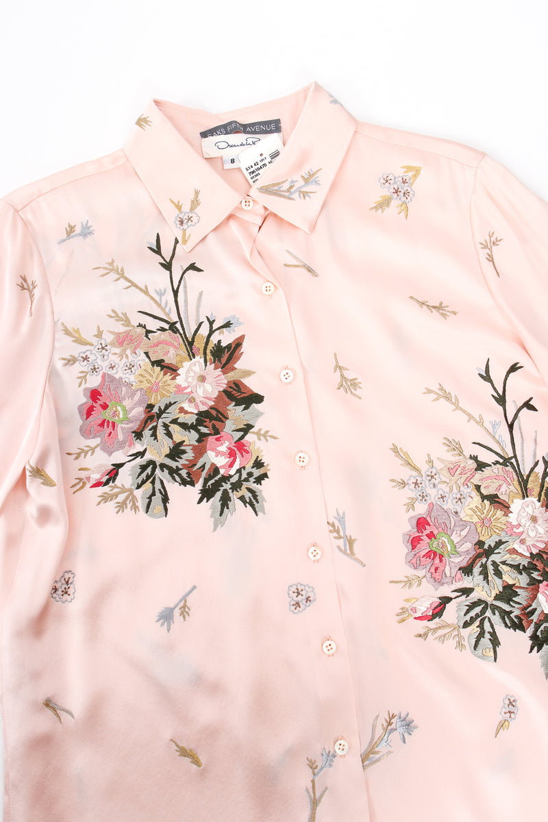 Vintage Oscar de la Renta Pink Floral Embroidered Silk Shirt flat at Recess LA