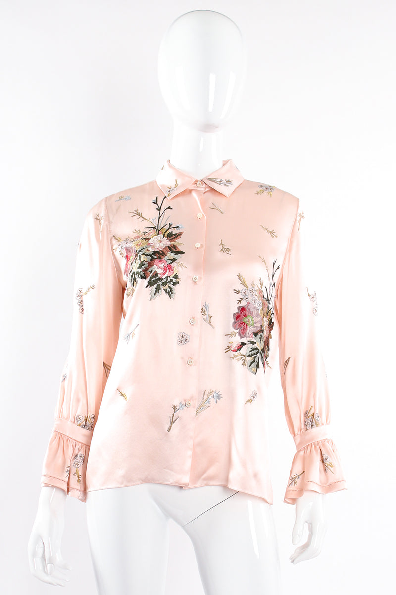 Vintage Oscar de la Renta Pink Floral Embroidered Silk Shirt on Mannequin front at Recess LA