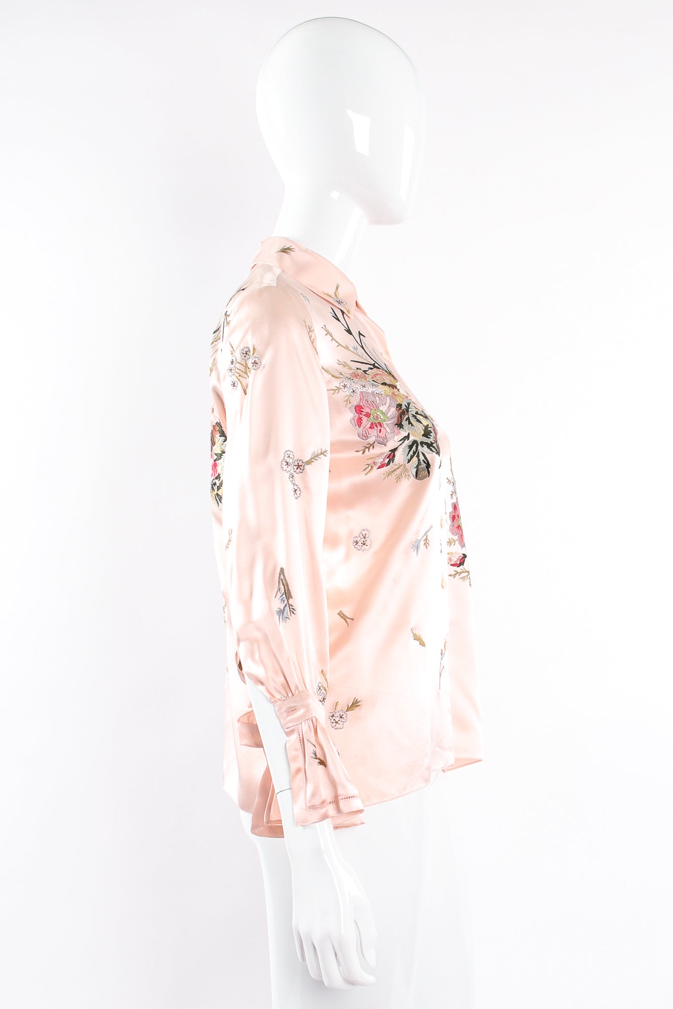 Vintage Oscar de la Renta Pink Floral Embroidered Silk Shirt on Mannequin side at Recess LA