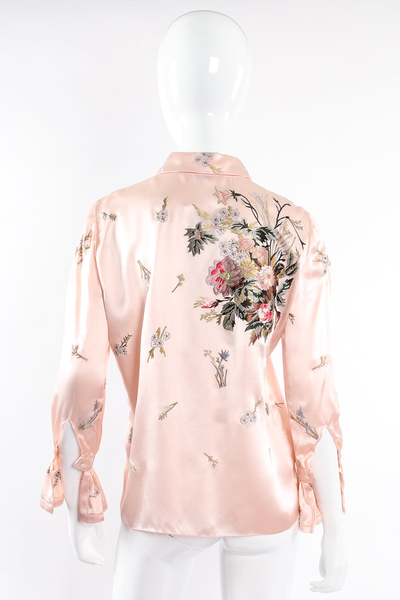 Vintage Oscar de la Renta Pink Floral Embroidered Silk Shirt on Mannequin back at Recess LA