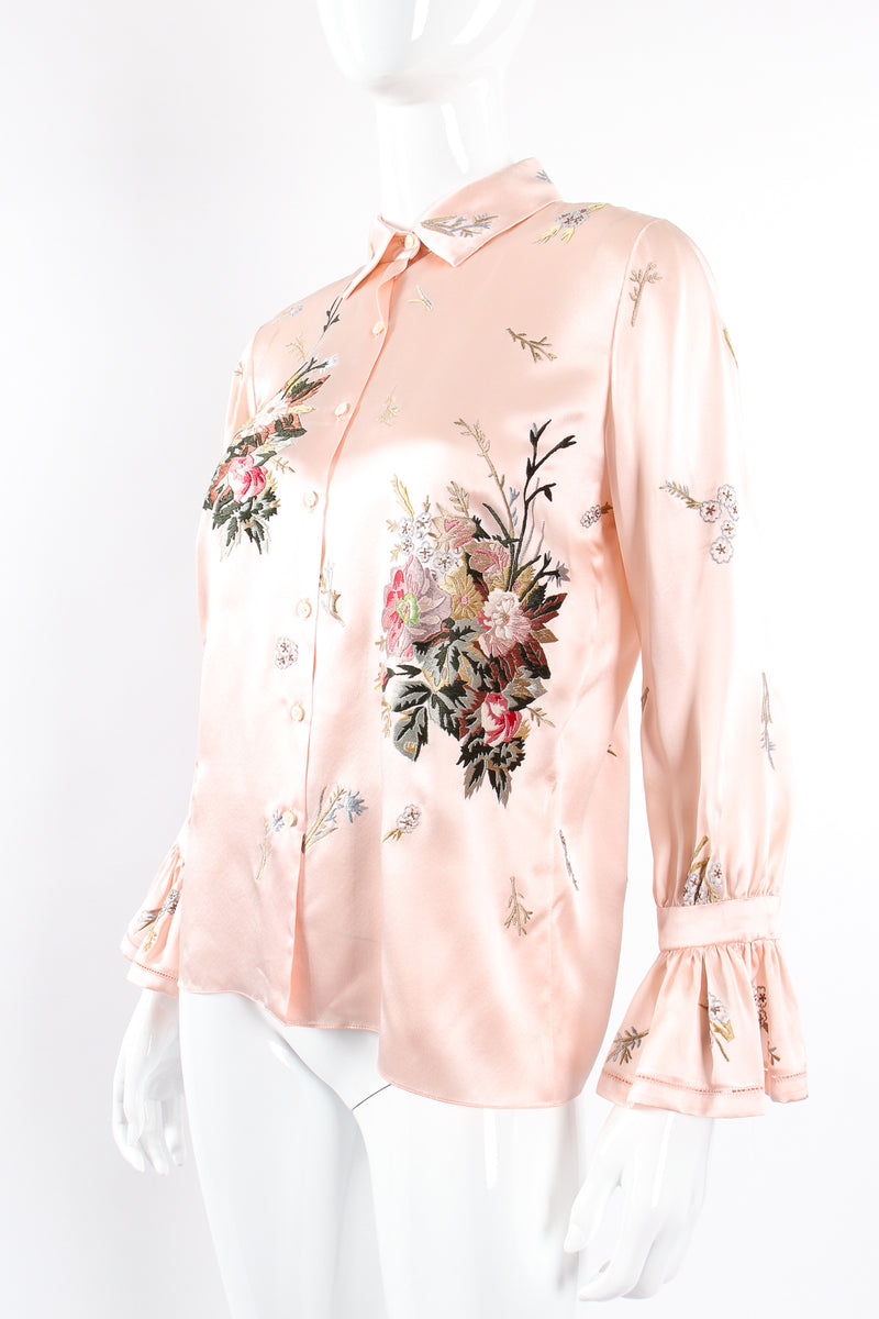 Vintage Oscar de la Renta Pink Floral Embroidered Silk Shirt on Mannequin angle at Recess LA