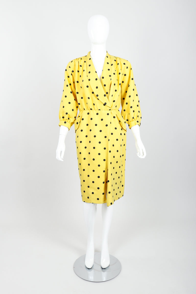 Vintage Oscar de la Renta Polka Dot Shawl Collar Dress on Mannequin front at Recess LA