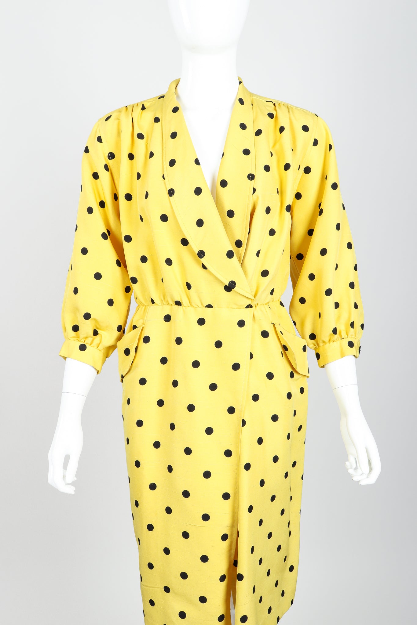 Vintage Oscar de la Renta Polka Dot Shawl Collar Dress on Mannequin front crop at Recess LA