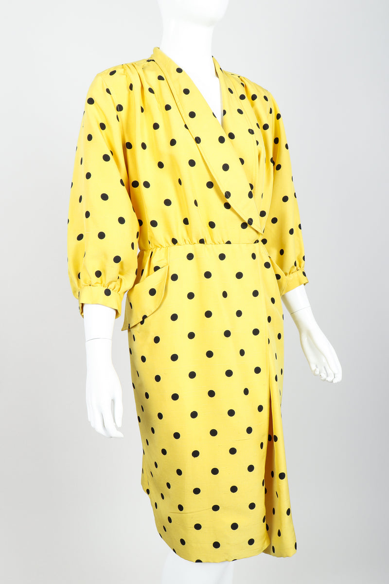 Vintage Oscar de la Renta Polka Dot Shawl Collar Dress on Mannequin angle crop at Recess LA