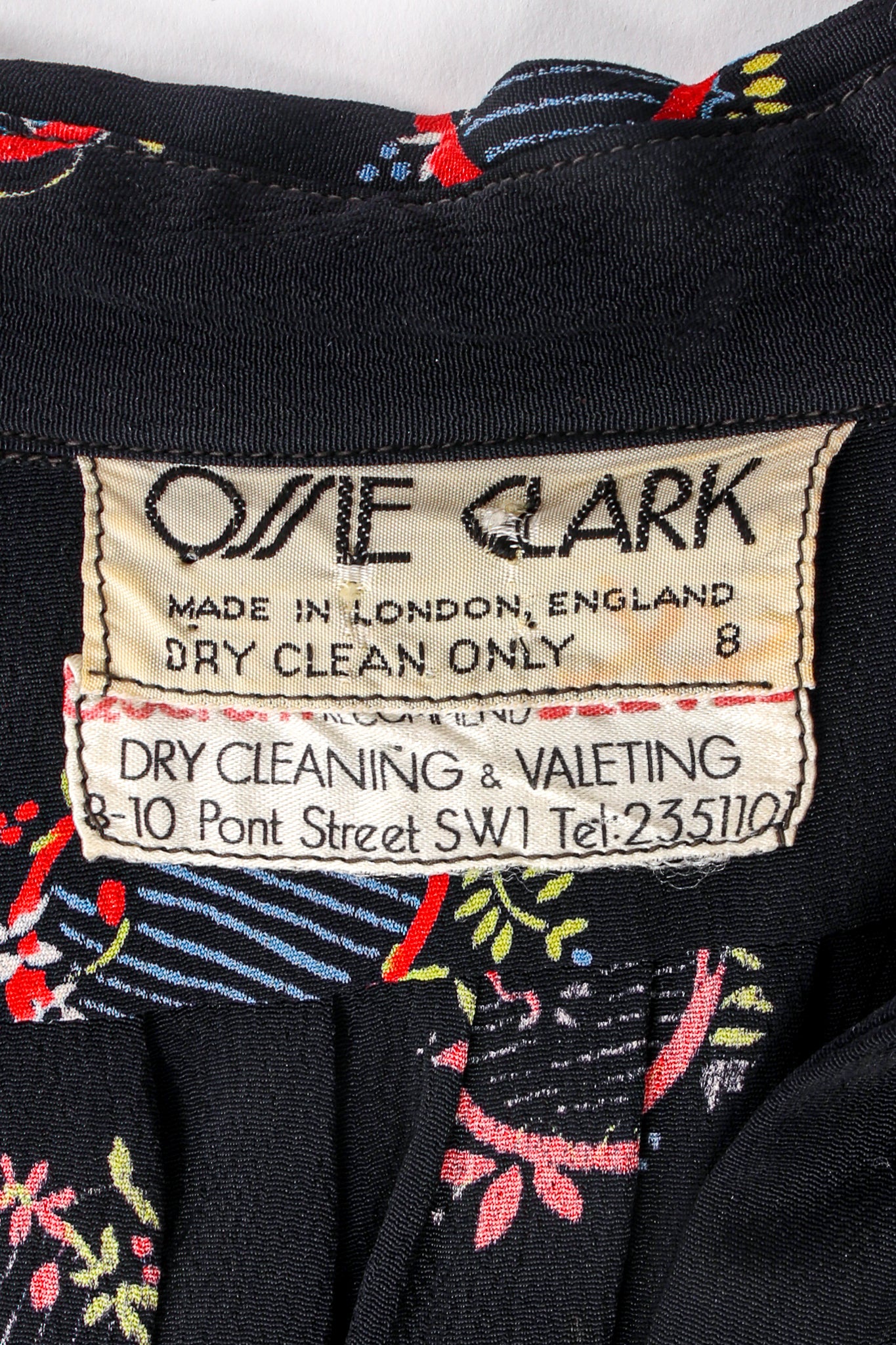 Vintage Ossie Clark Quorum Celia Birtwell Lyre Print Plunge Dress label at Recess Los Angeles