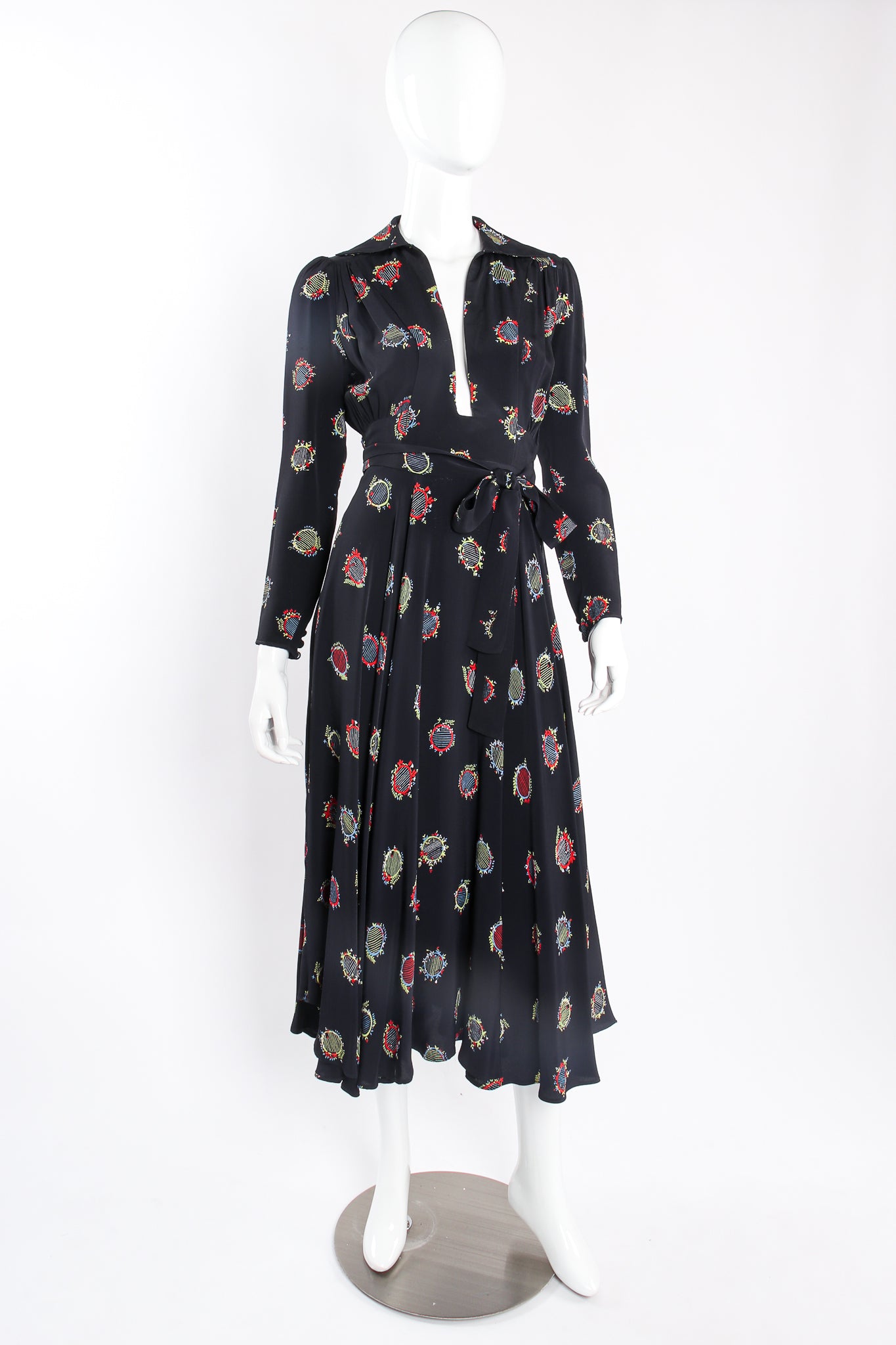 Vintage Ossie Clark Quorum Celia Birtwell Lyre Print Plunge Dress on mannequin front at Recess LA