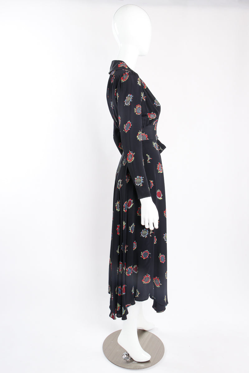 Vintage Ossie Clark Quorum Celia Birtwell Lyre Print Plunge Dress on mannequin side at Recess LA