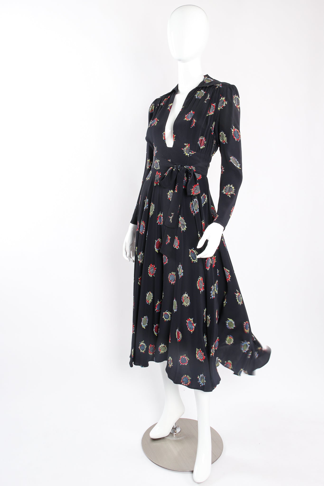 Vintage Ossie Clark Quorum Celia Birtwell Lyre Print Plunge Dress on mannequin angle at Recess LA