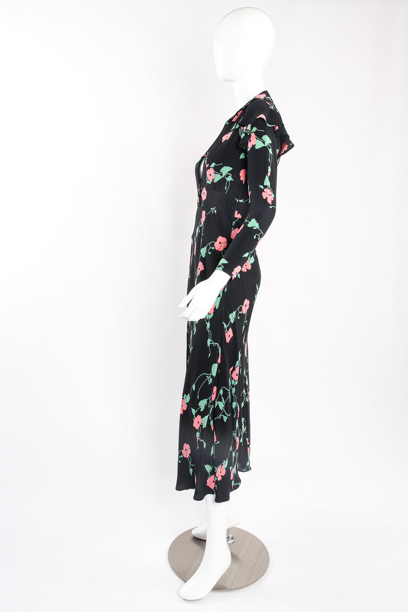 Vintage Ossie Clark Quorum Celia Birtwell Floral Print Plunge Dress on mannequin side @ Recess LA