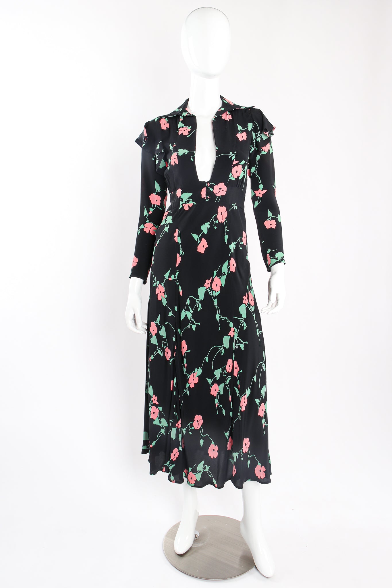 Vintage Ossie Clark Quorum Celia Birtwell Floral Print Plunge Dress on mannequin front @ Recess LA