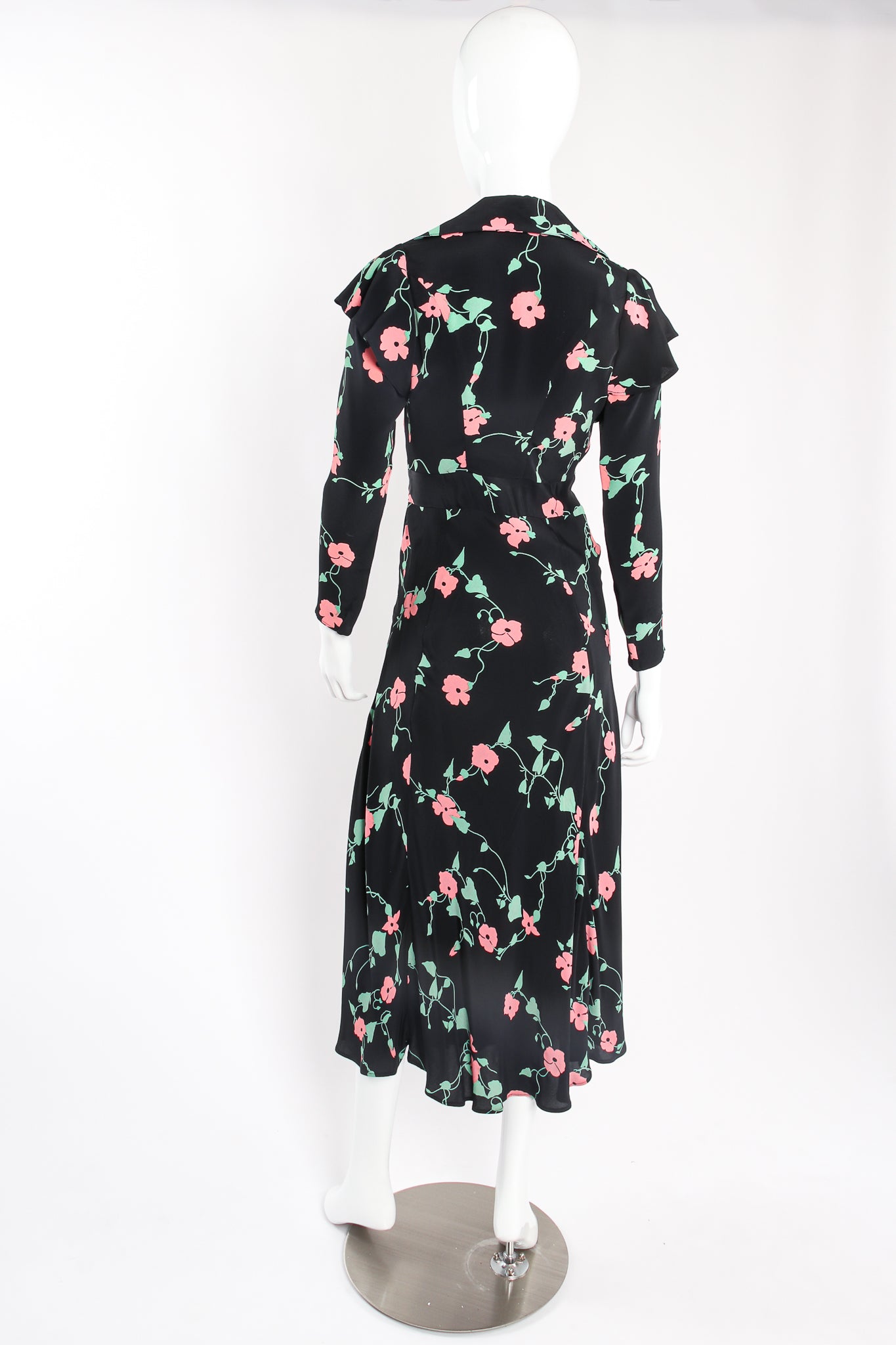 Vintage Ossie Clark Quorum Celia Birtwell Floral Print Plunge Dress on mannequin back @ Recess LA