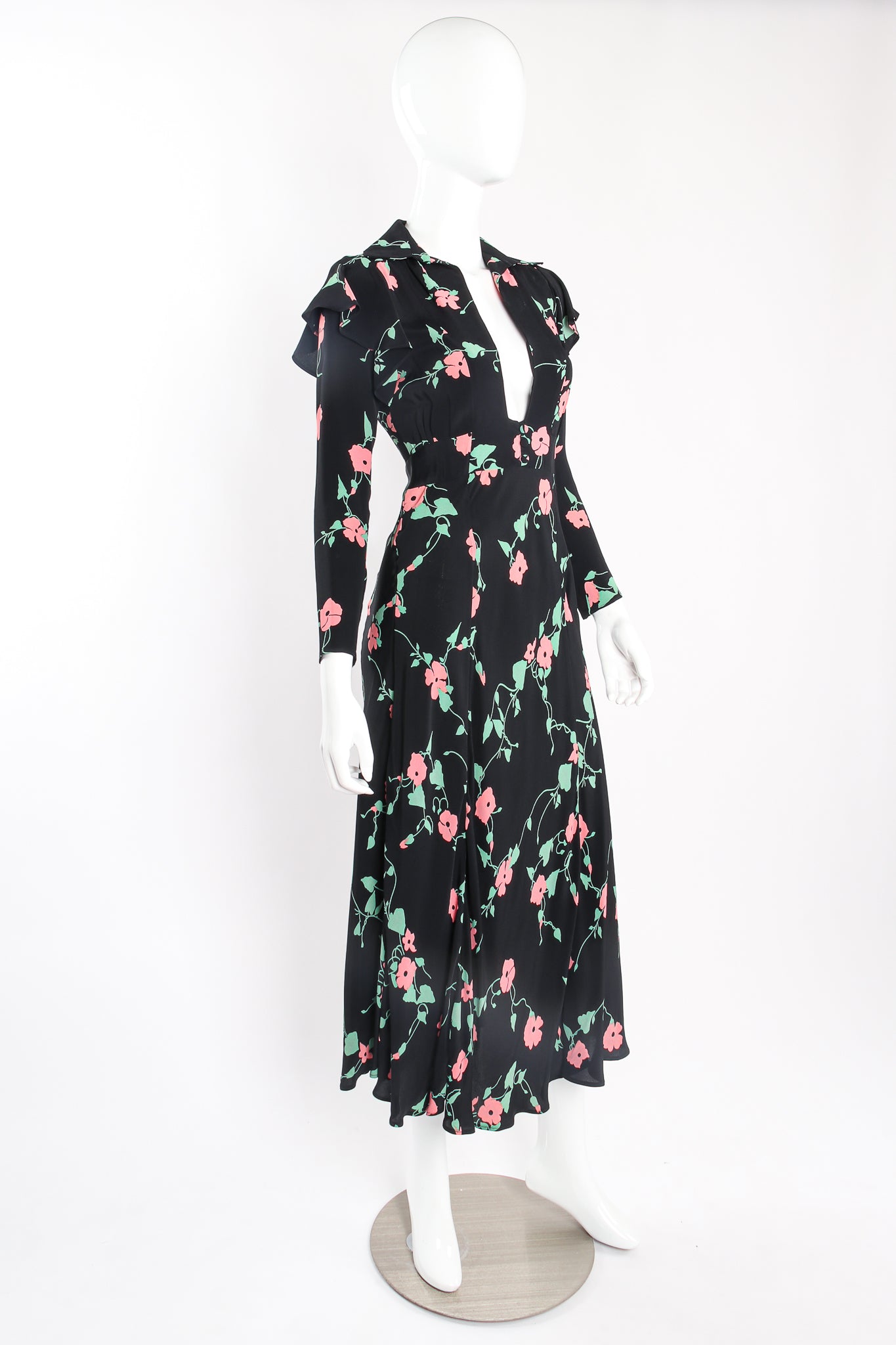 Vintage Ossie Clark Quorum Celia Birtwell Floral Print Plunge Dress on mannequin angle @ Recess LA