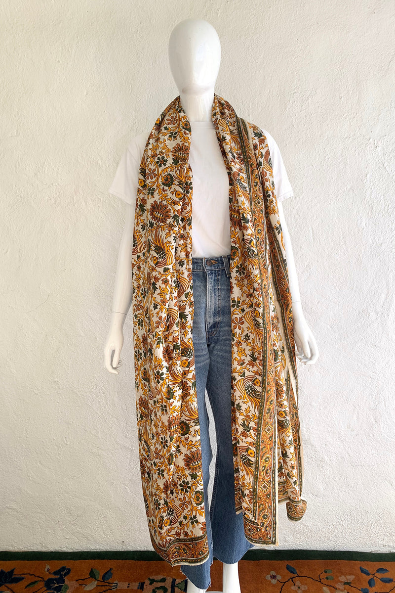 Vintage Oversized Handblocked Indian Silk Shawl On Mannequin scarf At Recess Los Angeles