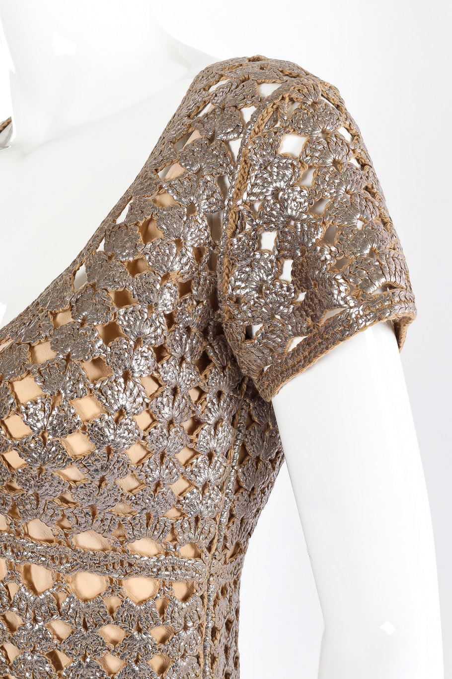 Metallic crochet knitted cocktail dress by Prada Photo Close-up on mannequin. @recessla