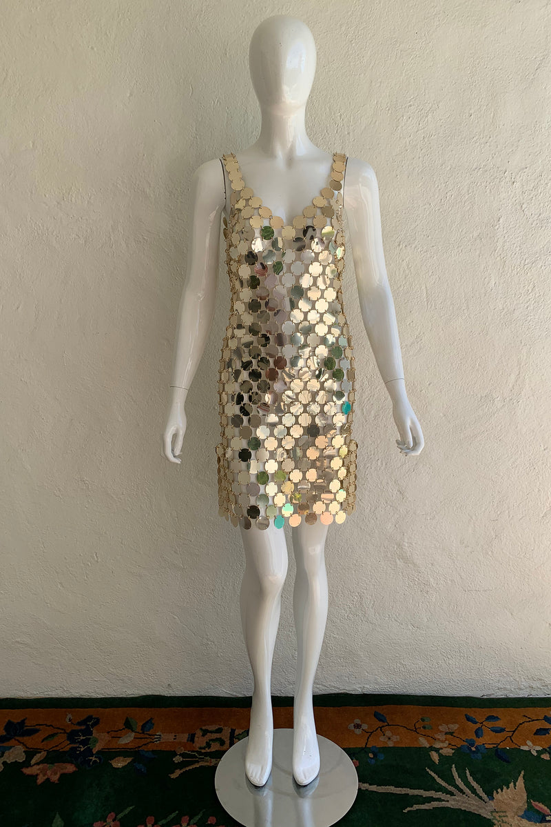 Vintage Paco Rabanne 1996 Do It Yourself Rhodoid Disc Dress on Mannequin front at Recess