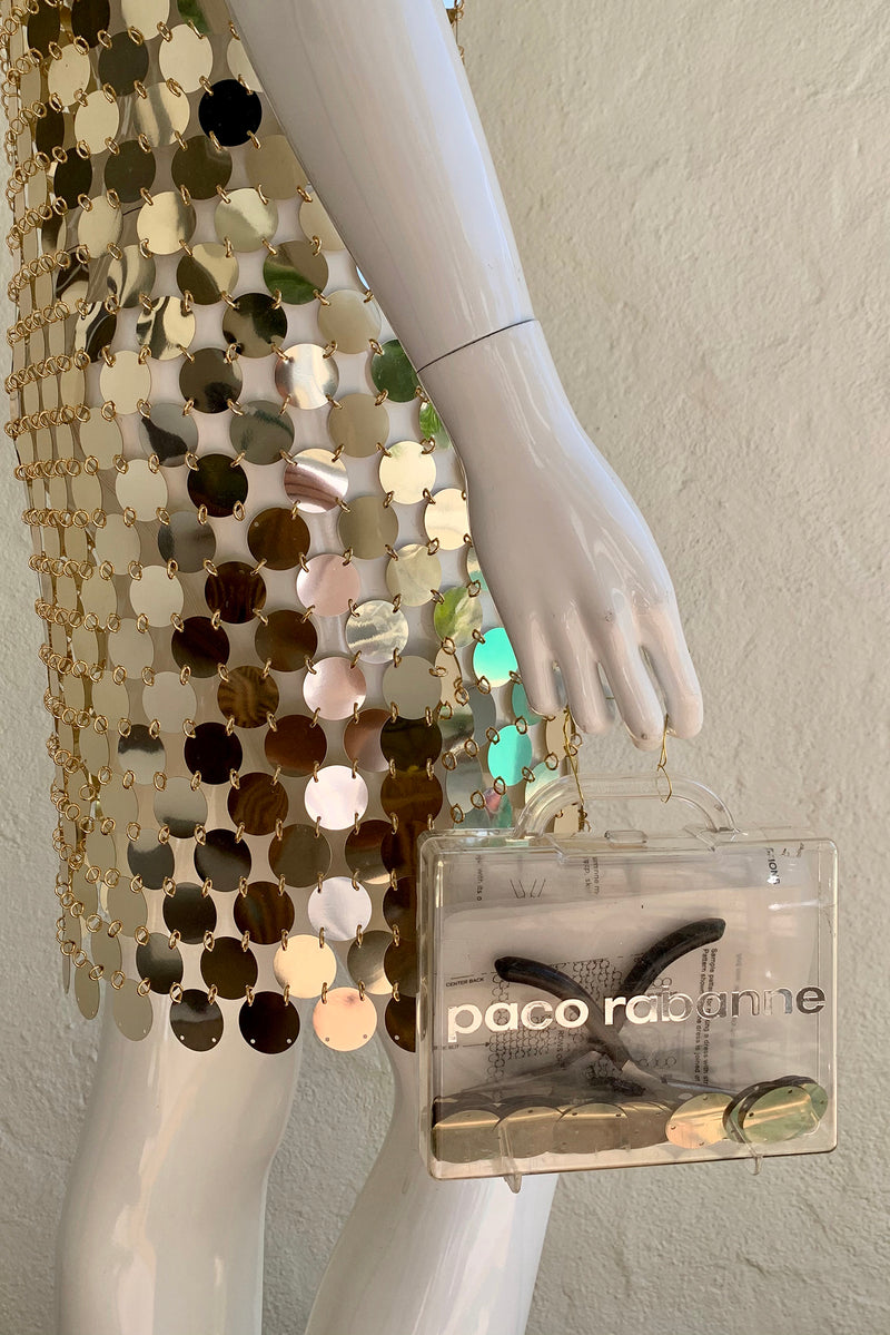 Vintage Paco Rabanne 1996 Do It Yourself Rhodoid Disc Dress on Mannequin with case at Recess