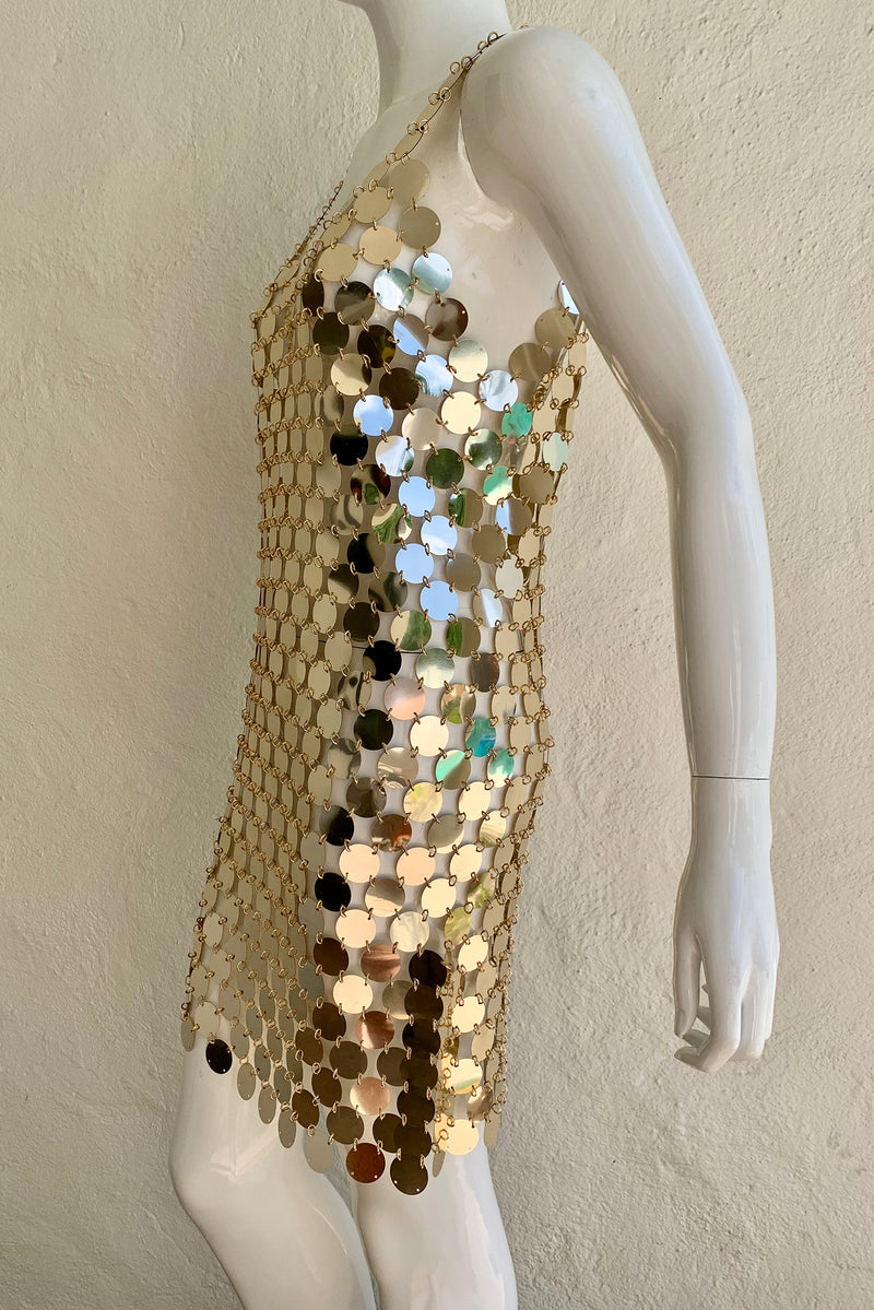 Vintage Paco Rabanne 1996 Do It Yourself Rhodoid Disc Dress on Mannequin side at Recess