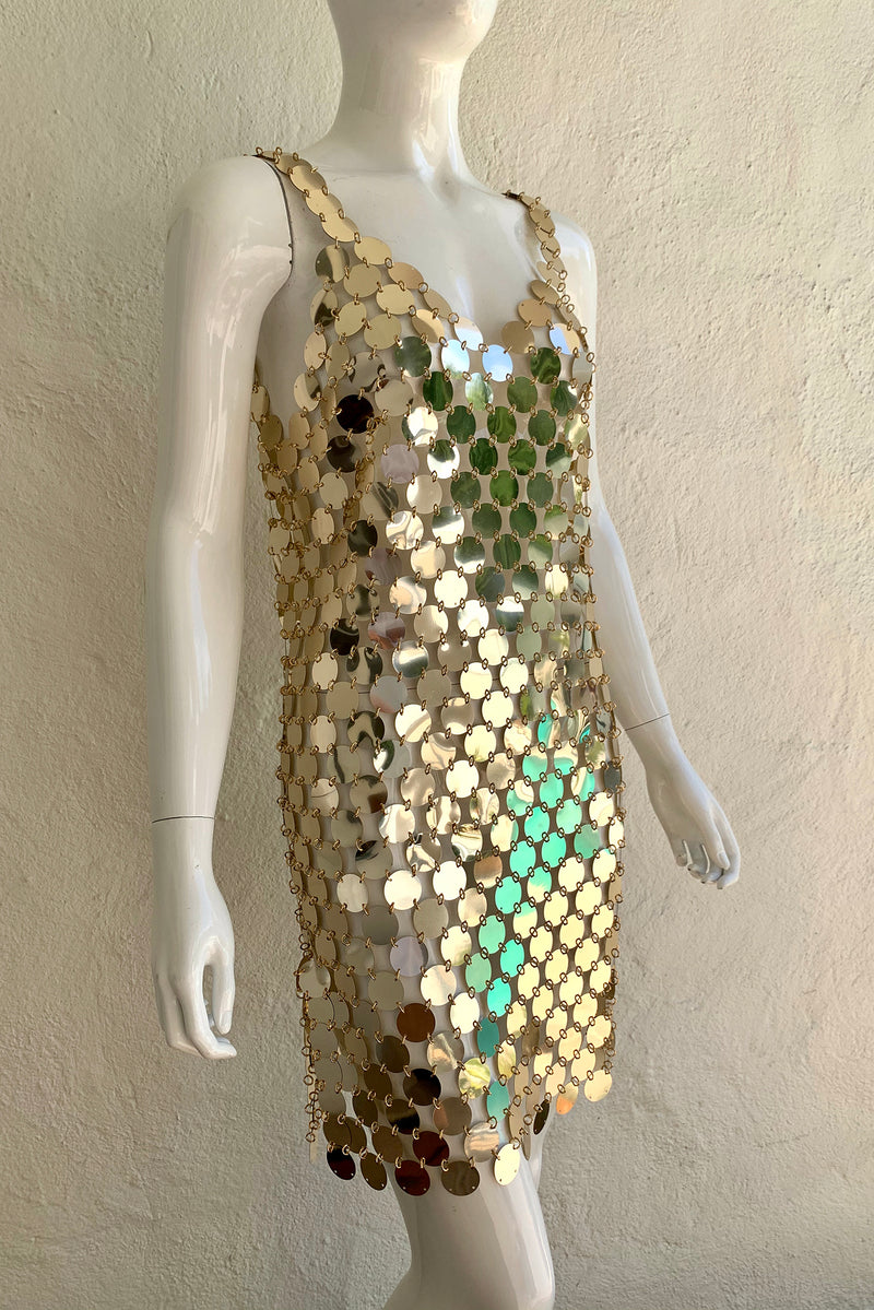 Vintage Paco Rabanne 1996 Do It Yourself Rhodoid Disc Dress on Mannequin angle crop at Recess