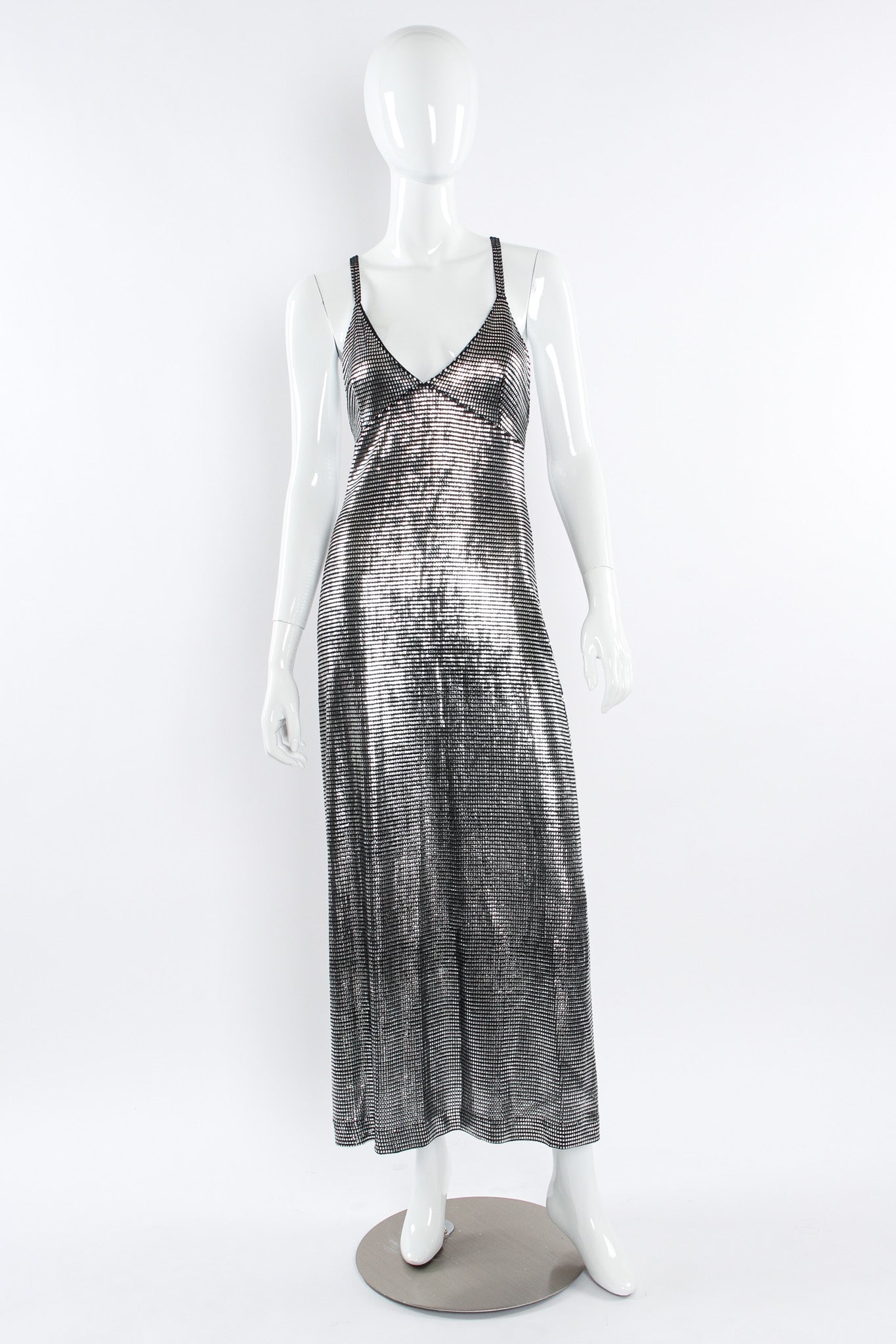 Vintage Paco Rabanne Metallic Mesh Grid Dress mannequin front @ Recess LA