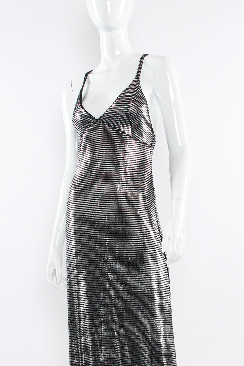 Vintage Paco Rabanne Metallic Mesh Grid Dress mannequin front close @ Recess LA