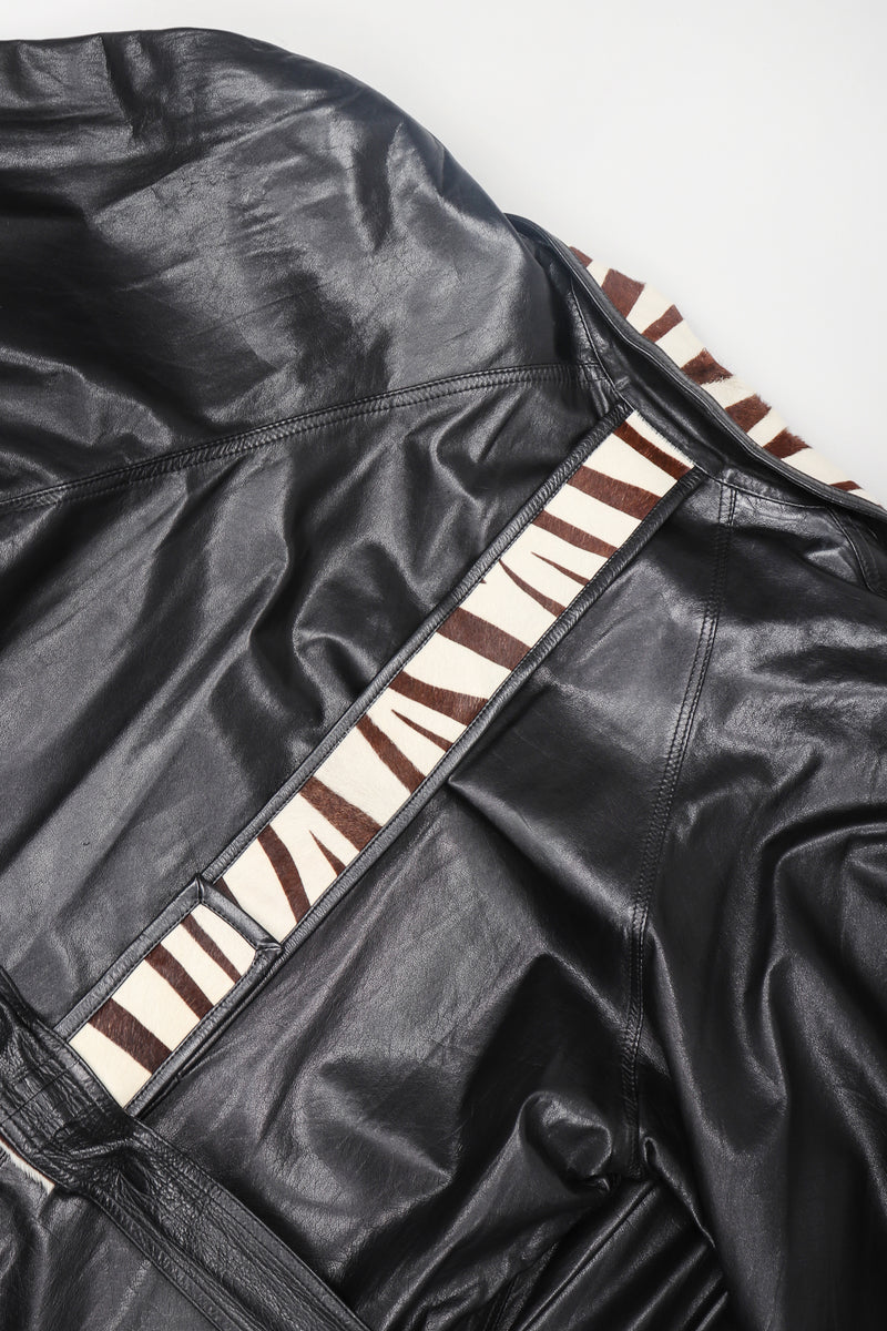 Recess Vintage Pat Hicks Calf Hair Trim Black Leather Trench Coat, Back Detail