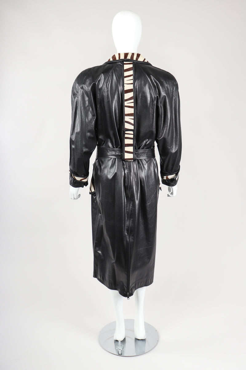Recess Vintage Pat Hicks Calf Hair Trim Black Leather Trench Coat on Mannequin, Back View