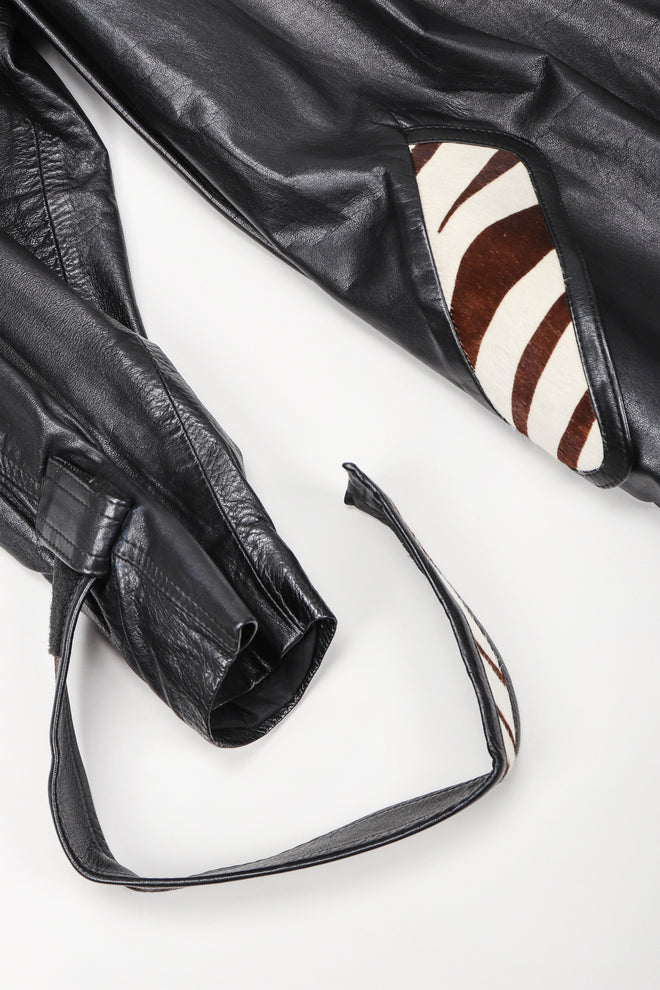 Recess Vintage Pat Hicks Calf Hair Trim Black Leather Trench Coat, Sleeve band Detail