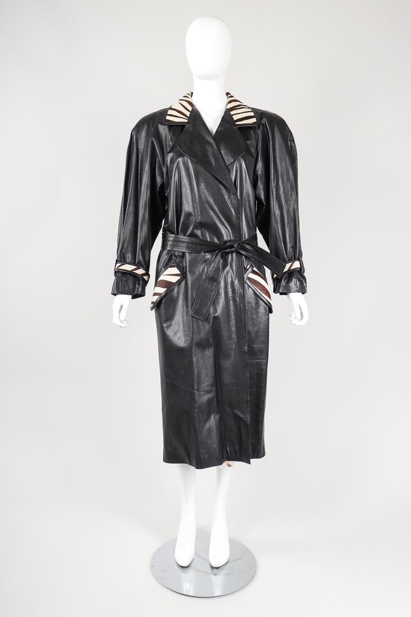 Recess Vintage Pat Hicks Calf Hair Trim Black Leather Trench Coat on Mannequin, Front View