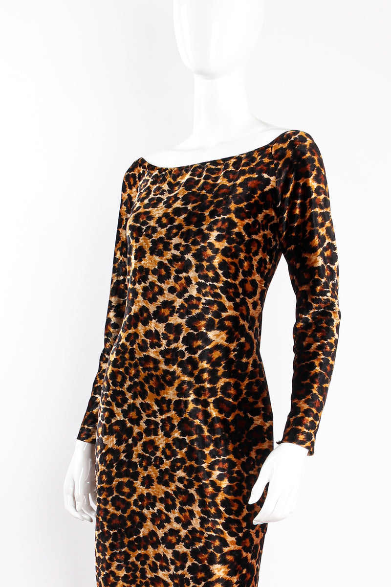 Vintage Patrick Kelly A/W 1989 Leopard Stretch Velvet Cocktail Dress on mannequin crop @ Recess LA