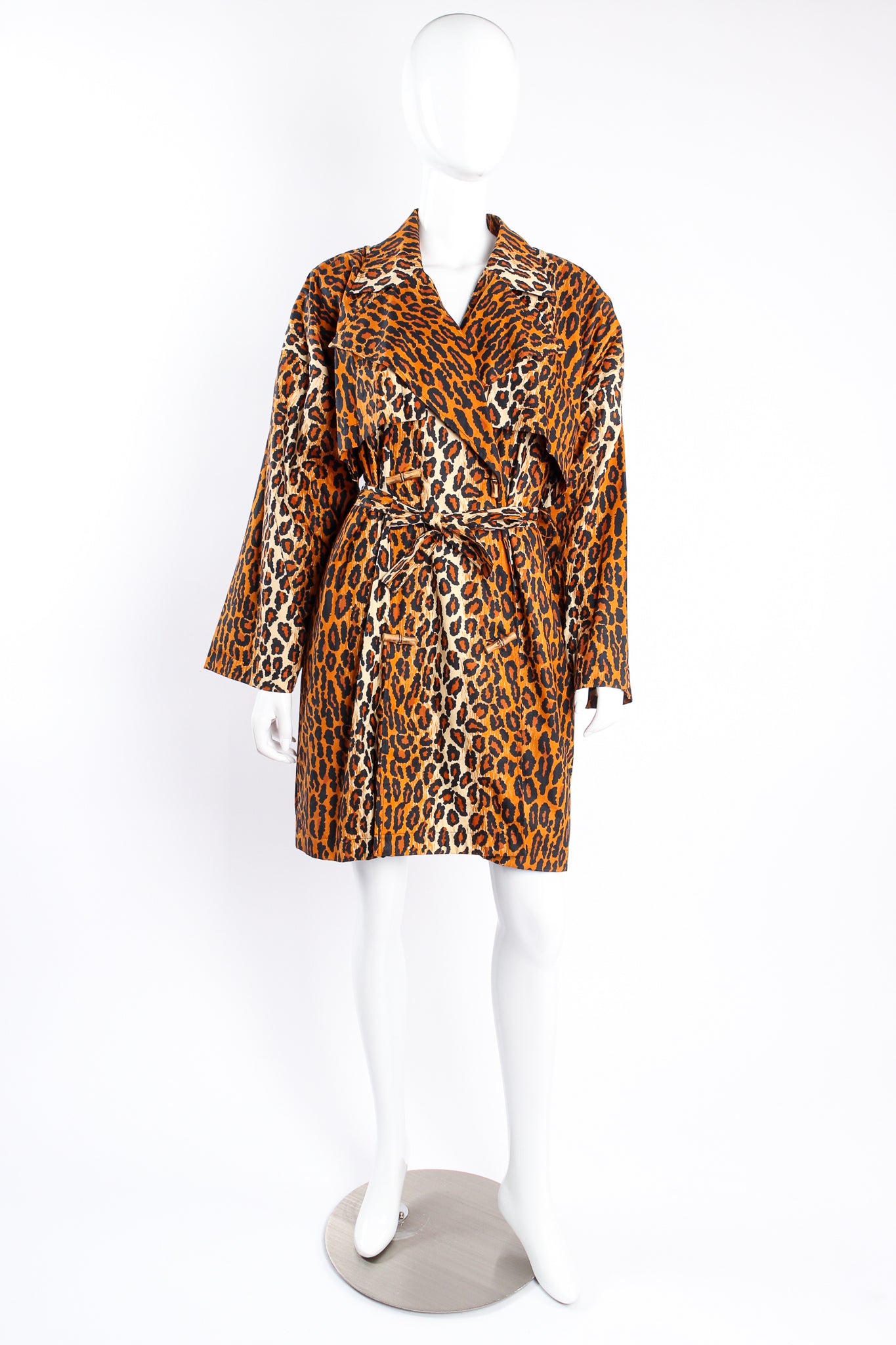 Vintage Patrick Kelly SS 1989 Runway Leopard Trench Coat on Mannequin front at Recess Los Angeles