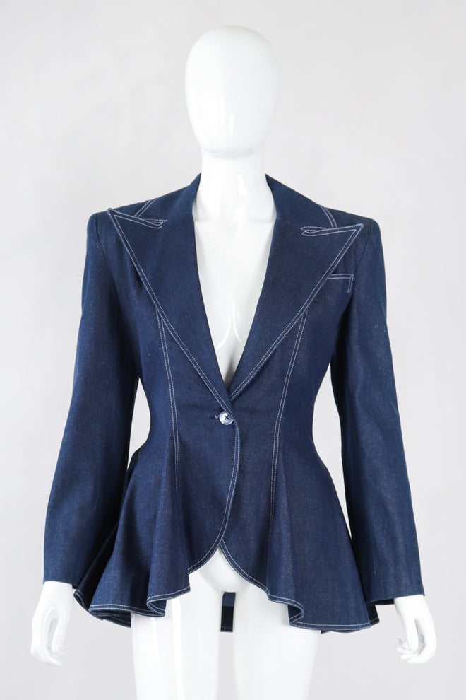Recess Los Angeles Vintage Patrick Kelly Denim Wide Lapel Flare Peplum Jacket