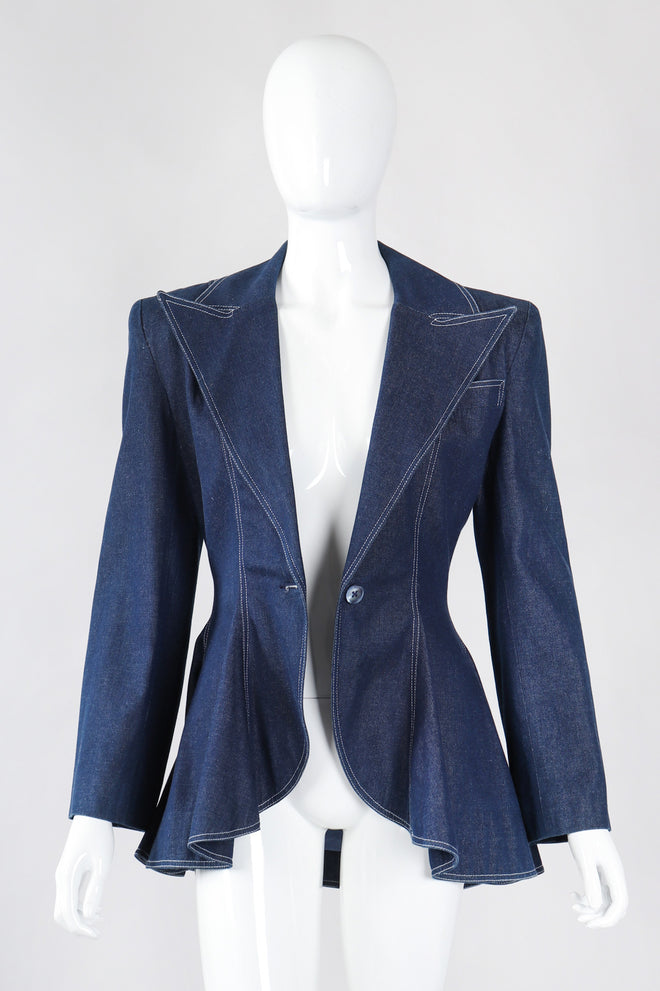 Recess Los Angeles Vintage Patrick Kelly Denim Wide Lapel Flare Peplum Jacket