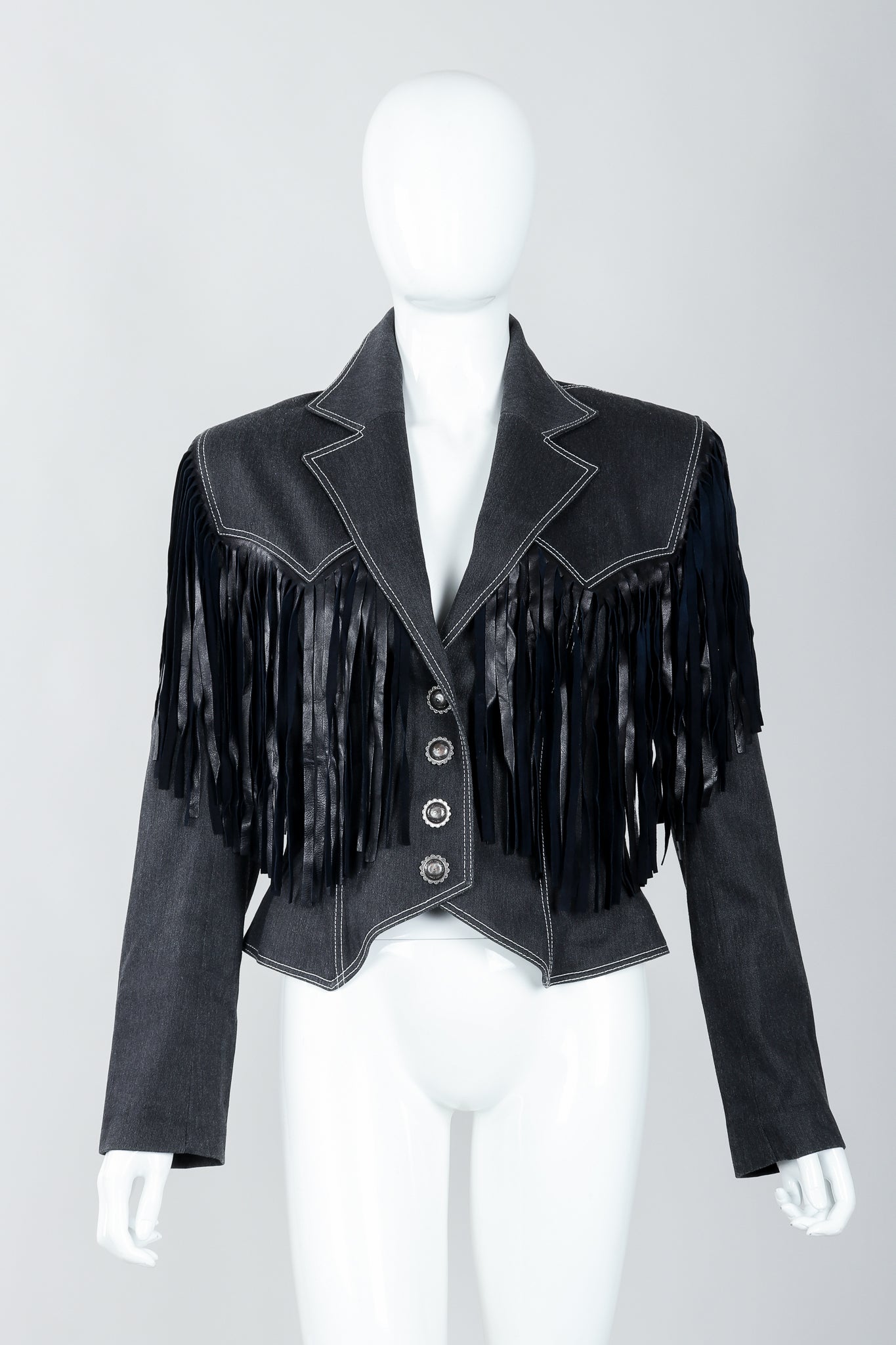 Vintage Patrick Kelly Denim Yoke Fringe Jacket Front on Mannequin at Recess