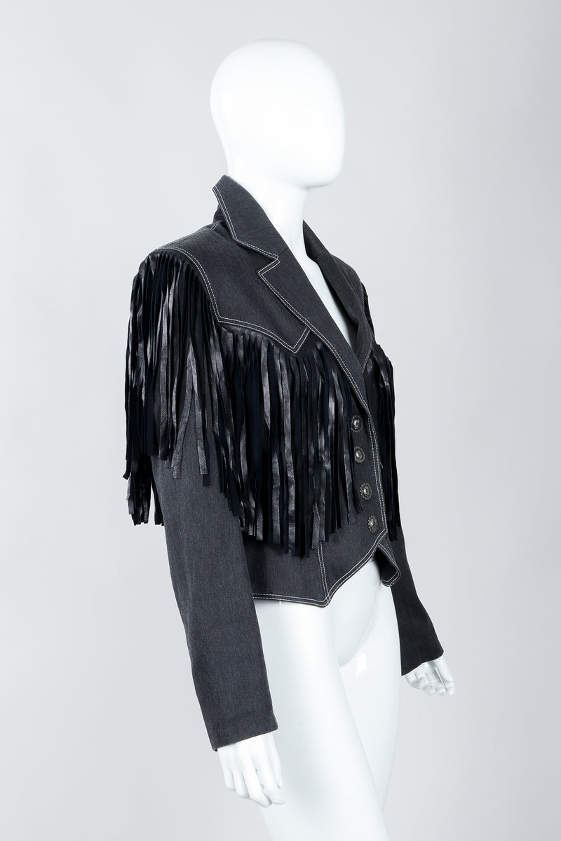 Vintage Patrick Kelly Denim Yoke Fringe Jacket Side on Mannequin at Recess