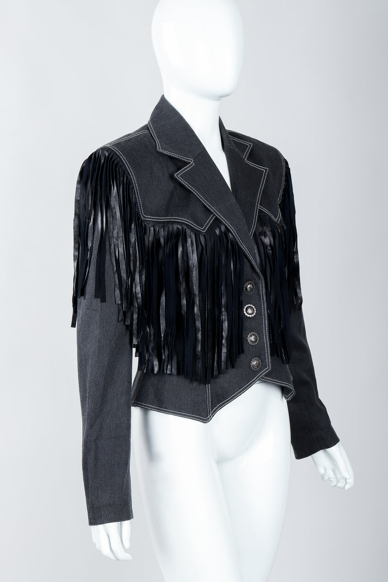 Vintage Patrick Kelly Denim Yoke Fringe Jacket Angled on Mannequin at Recess