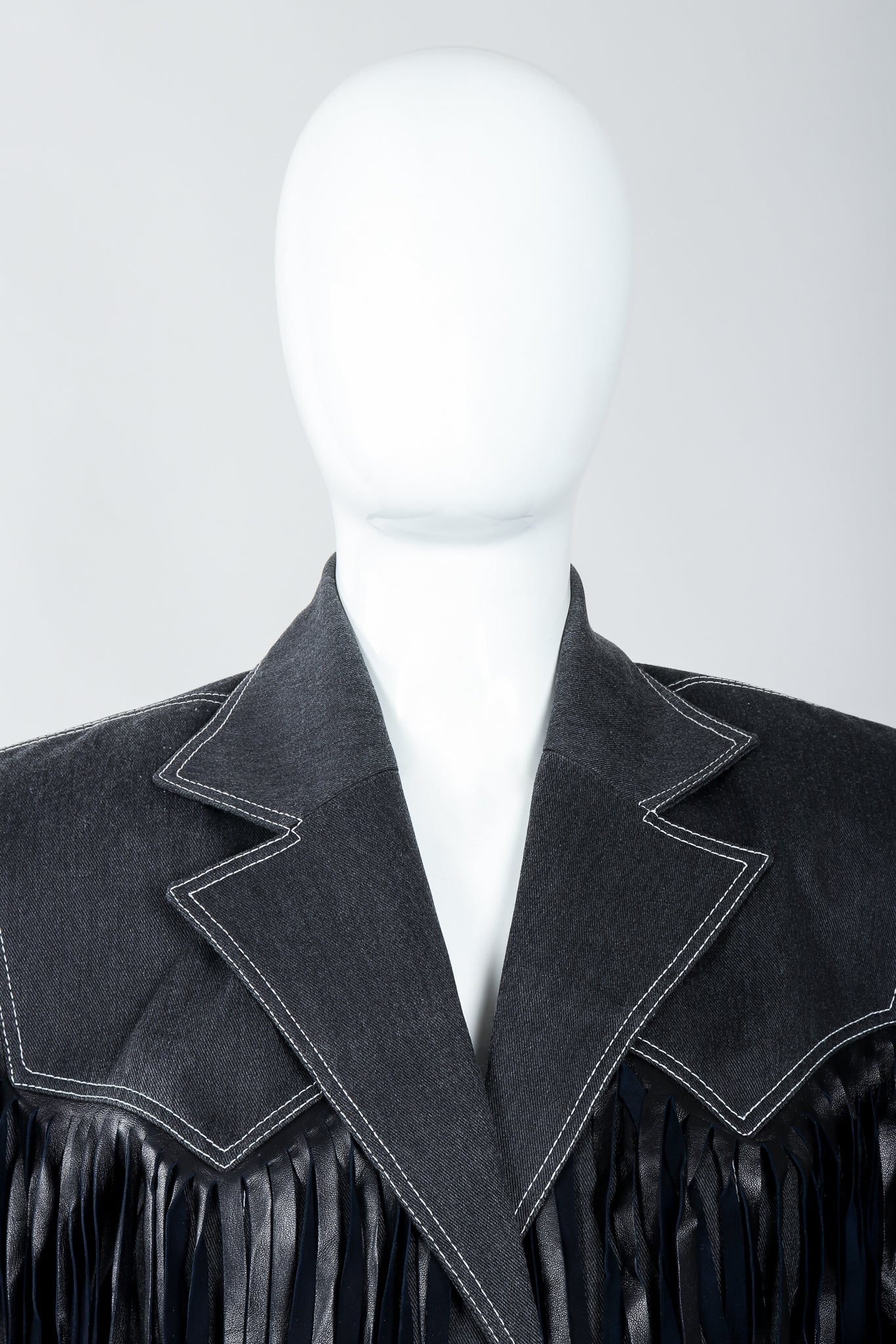 Vintage Patrick Kelly Denim Yoke Fringe Jacket Collar Close Up