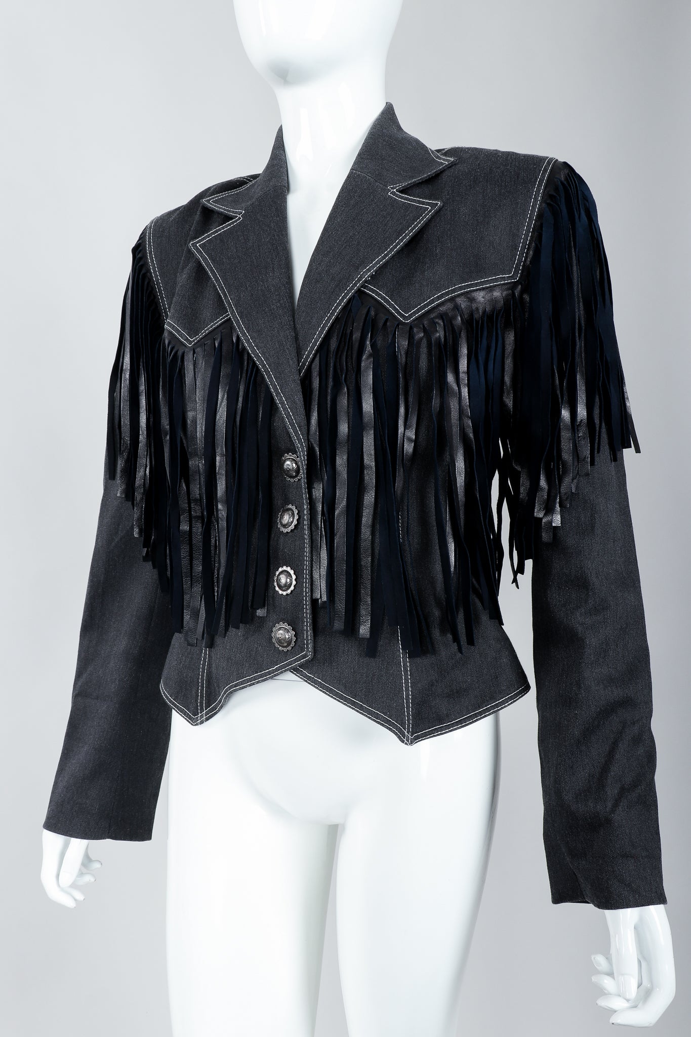Vintage Patrick Kelly Denim Yoke Fringe Jacket Angled Front on Mannequin at Recess