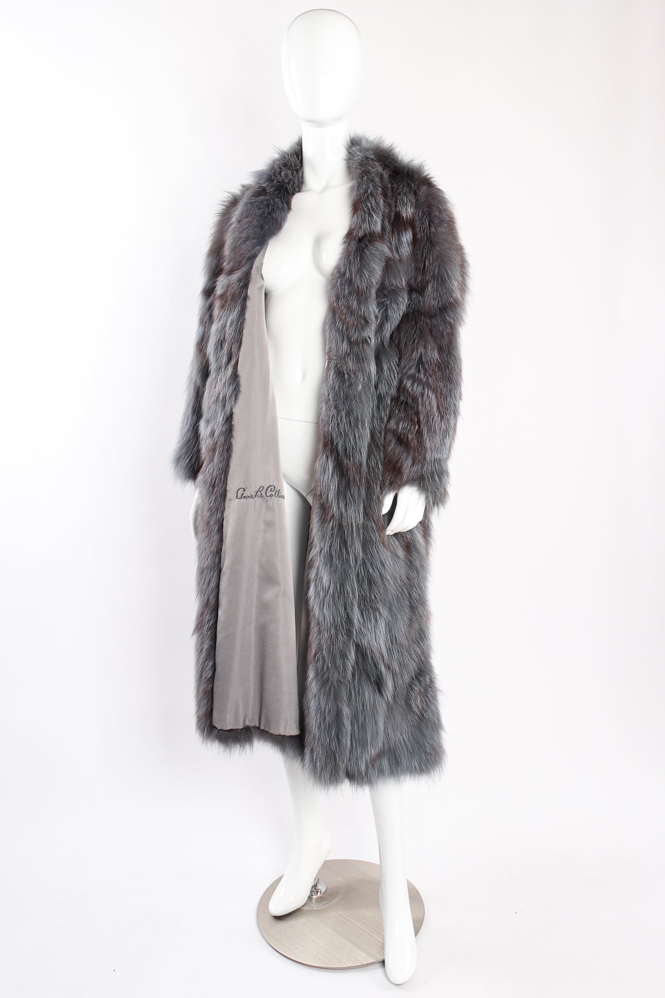 Vintage Pauline Trigere Long Collarless Fox Fur Coat on Mannequin open at Recess Los Angeles
